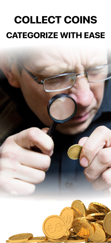 ValueCoin: Coin Identifier App - A man examining a coin with a magnifying glass to categorize his collection