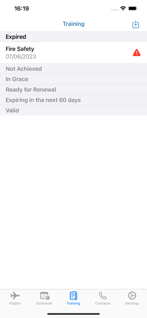 Training compliance dashboard in myairops crew app showing expired and valid aviation certifications