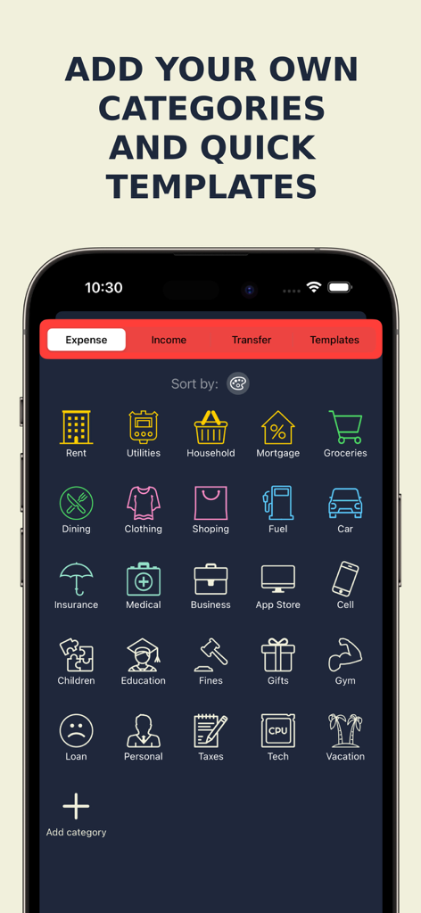 MoneyBe App-Benutzeroberfläche mit einem Raster farbenfroher benutzerdefinierter Ausgabenkategorien und Icons für die private und geschäftliche Verfolgung