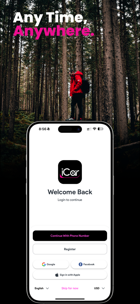iCar Rider - Écran de connexion de l'application iCar Rider avec un message de bienvenue et des options de connexion sociale.