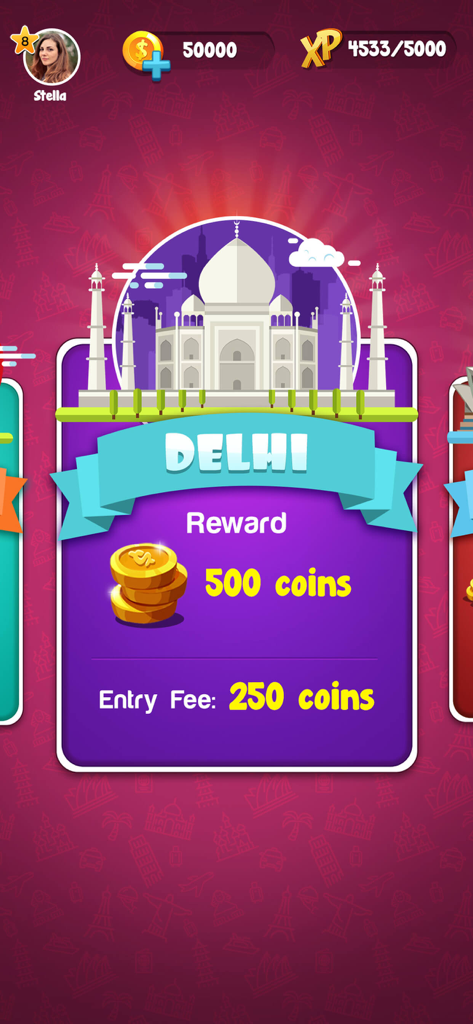 Carrom Master game selection screen for the Delhi arena featuring the Taj Mahal