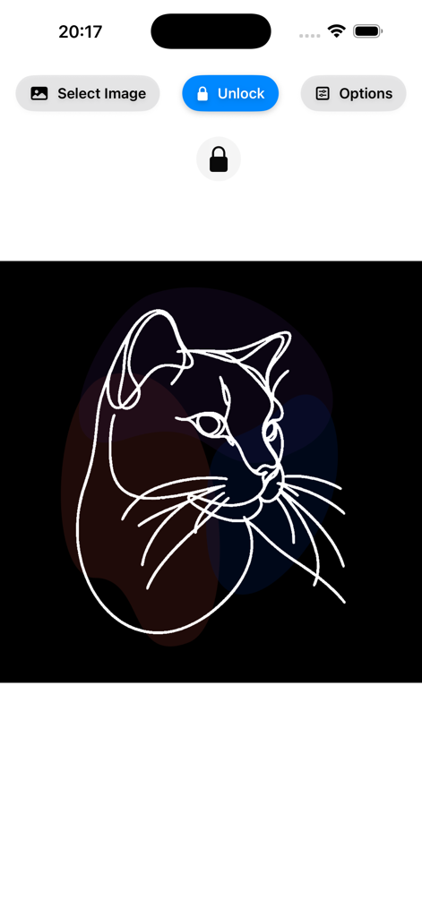 Interface of Lightbox Tracing Pad app showing a white line drawing of a cat and a screen lock feature for tracing