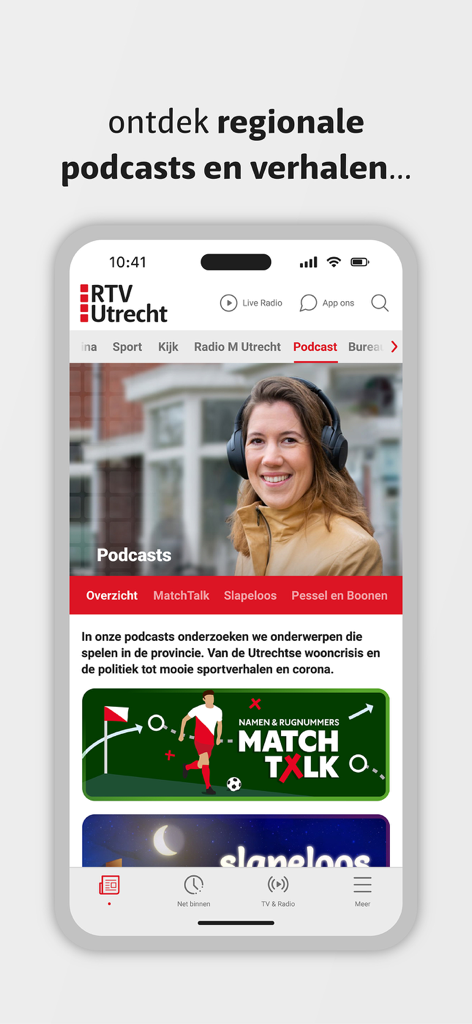 RTV Utrecht - RTV Utrecht mobile app screenshot showing the regional podcasts section with Dutch stories and sports content