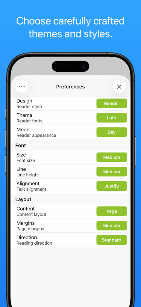 Preferences screen of Yomu EBook Reader app showing customizable options for themes, fonts, and layout styles.