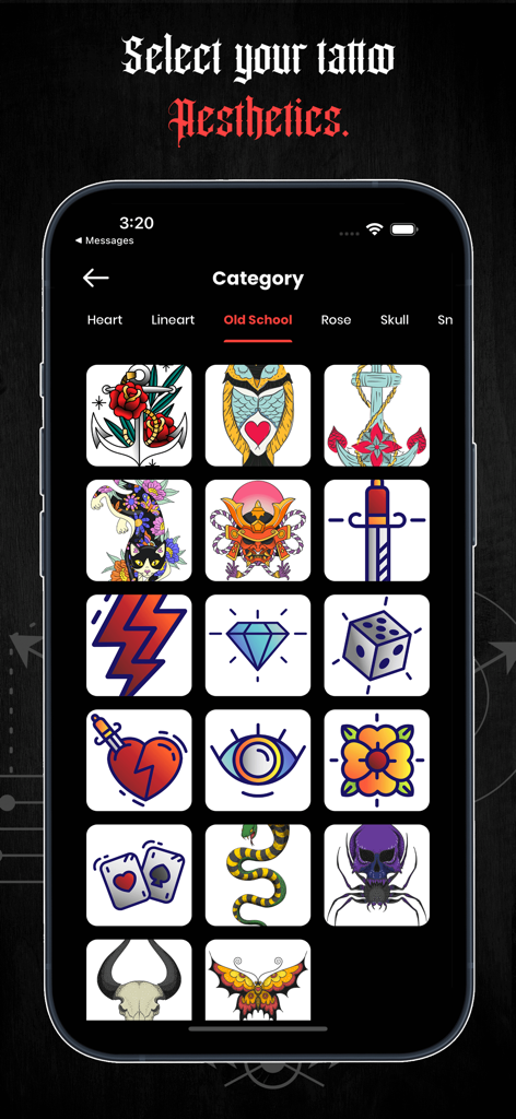 AI Tattoo Ink Design - A gallery of classic old school tattoo designs including anchors hearts and skulls in the AI Tattoo Ink Design app