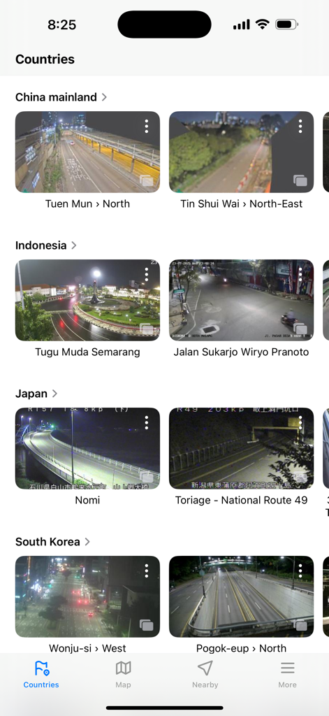A dashboard view showing live traffic camera feeds from various countries including China Indonesia Japan and South Korea