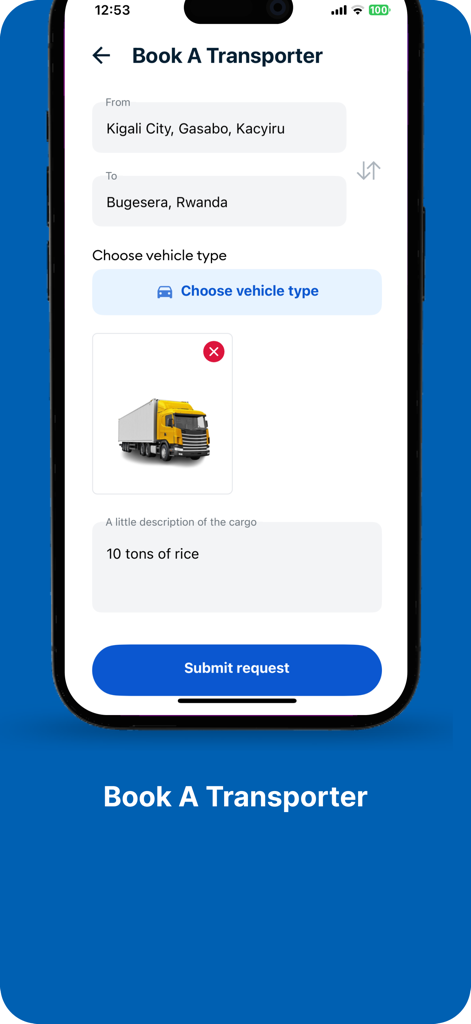 Vipi Transport - Mobile screen showing the Vipi Transport app interface for booking a logistics transporter