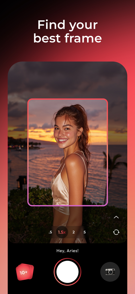 WayShotアプリのインターフェース。ポートレート撮影のためのリアルタイムAIフレーミングとポーズガイダンスが表示されている。