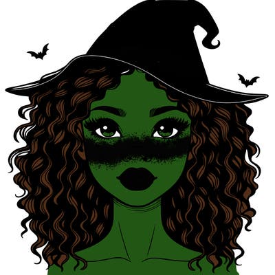 realistic black girl with wavy hair and witch hat and nose and lips