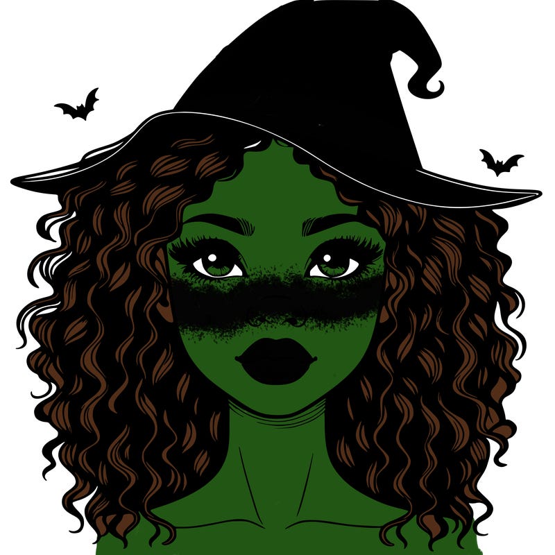 realistic black girl with wavy hair and witch hat and nose and lips