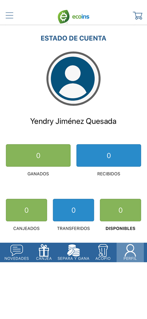 ecoins-eco - Mobile app screen showing the account status and recycling rewards of a user in the ecoins-eco app.