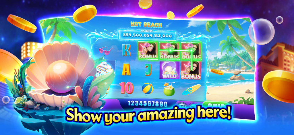 Jackpot Slots:Free Casino Game - Jackpot Slots beach themed gameplay screen with bonus rewards and high jackpot