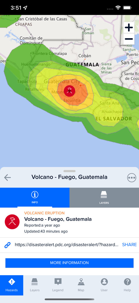 Disaster Alert (PDC Global) - Disaster Alert app displaying a volcanic eruption impact map with colored hazard zones over Guatemala