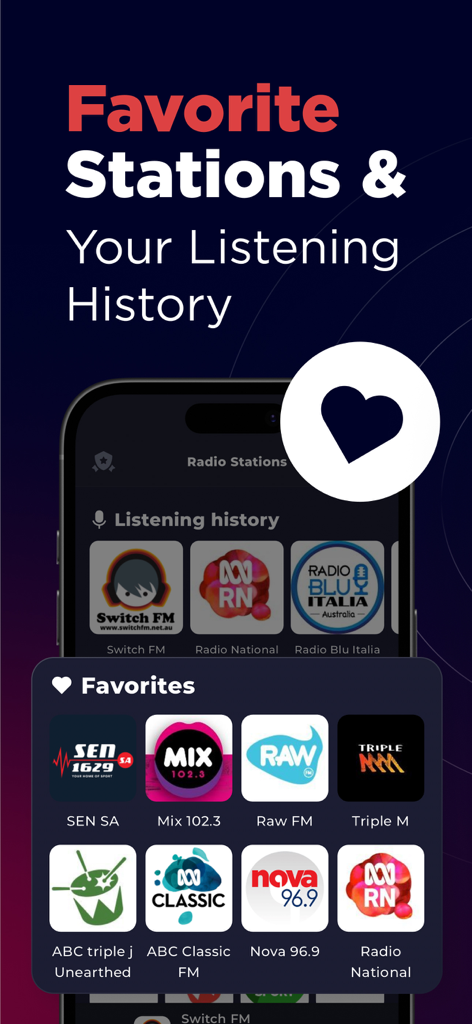 Australia Radio App Live DAB - Mobile app screen showing favorite Australian radio stations and listening history with station logos.