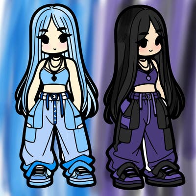 girl in baggy pants crop top and long hair