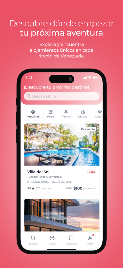 Estei - Estei app home screen showing vacation rental listings in Venezuela
