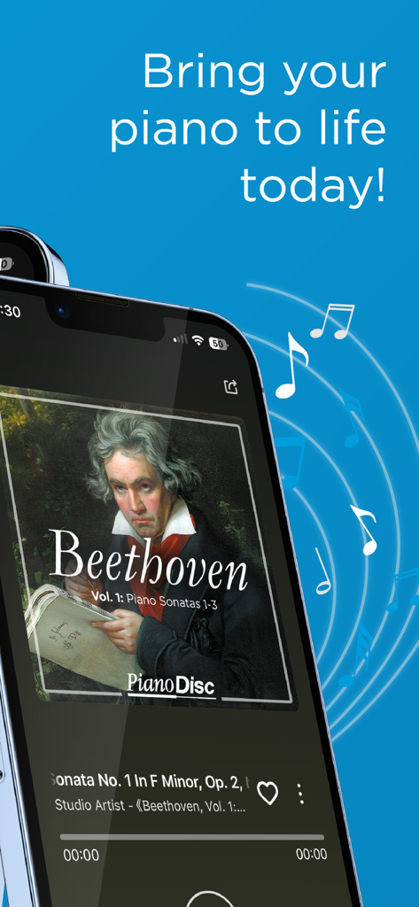 Smartphone displaying the PianoDisc iQ Player app with Beethoven Piano Sonatas selected