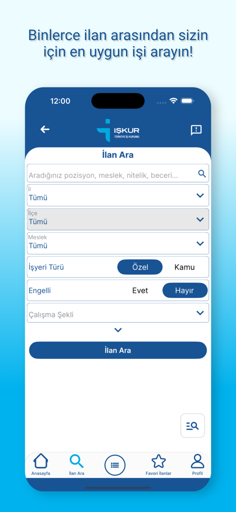 Interfaz de búsqueda de empleo en la aplicación ISKUR Mobil con filtros de ubicación y profesión en Turquía