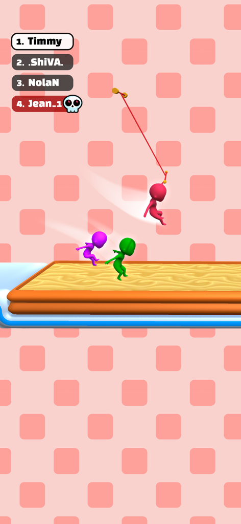 Colorful 3D characters racing and swinging from a rope in an obstacle course.