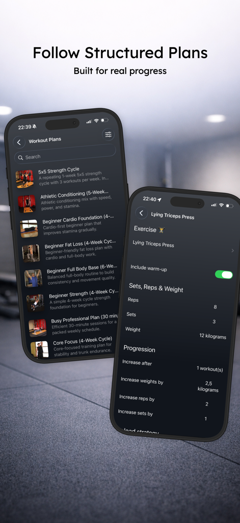 Delicious Fitness - Two mobile phone screens showing a list of workout programs and detailed exercise tracking settings like reps and progression.