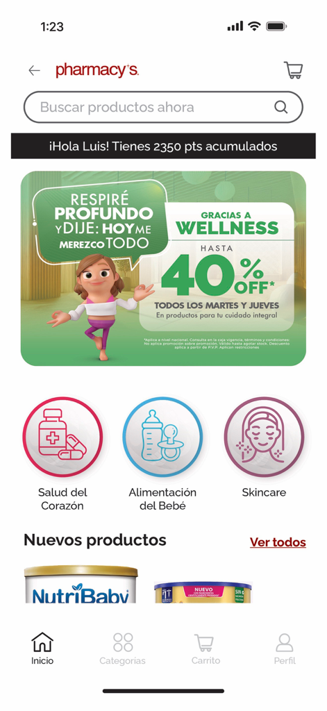 Home screen of the Pharmacys app featuring a wellness promotion banner and product categories for heart health baby food and skincare