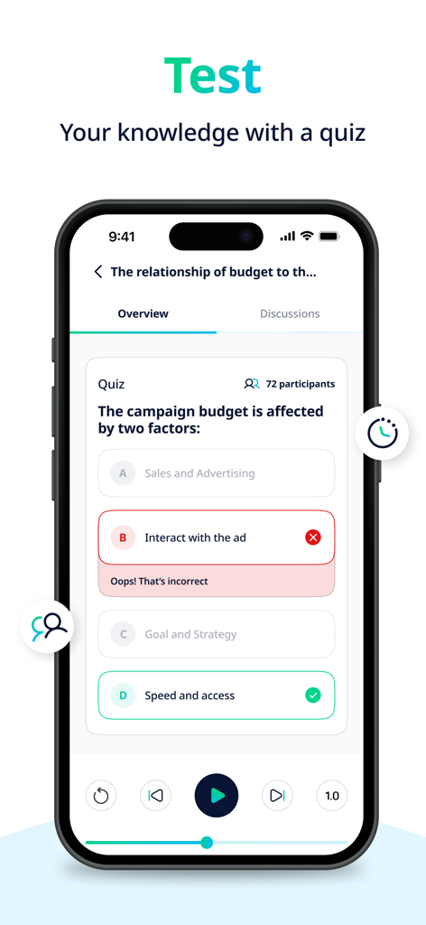 A mobile interface of the Tenmeya app showing an interactive multiple choice quiz with correct and incorrect answer feedback