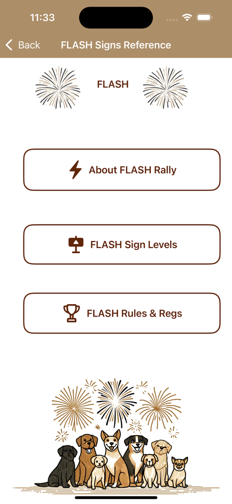 WCRL® Rally Dog Obedience - WCRL Rally Dog Obedience FLASH signs reference menu with dog group illustration