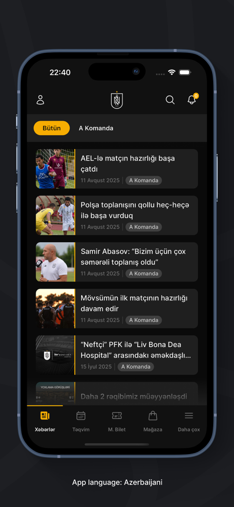Official Neftci PFK mobile app news screen showing the latest football club updates and match preparations