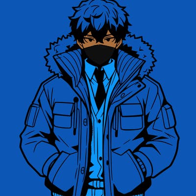 anime male, with big jacket, hands in his pockets