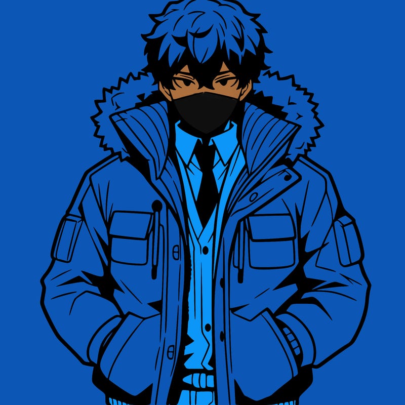 anime male, with big jacket, hands in his pockets