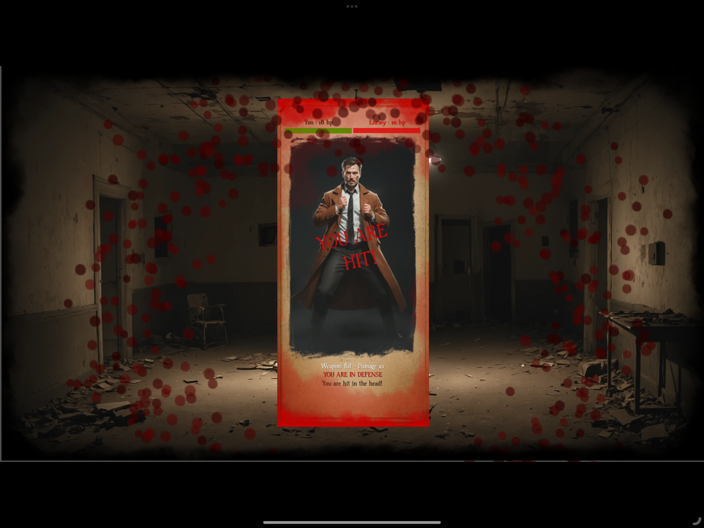 Angor : RPG - A turn-based combat screen in the Angor RPG app where the player character is being hit.