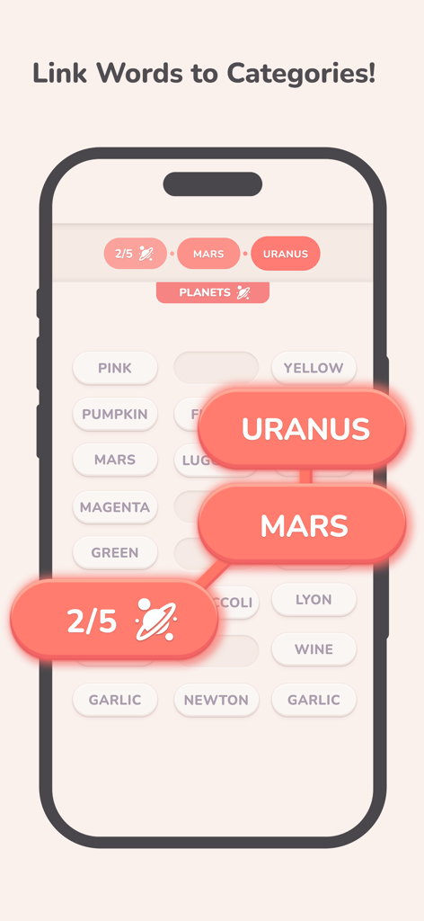 Word Weaver game screen showing word associations for the Planets category
