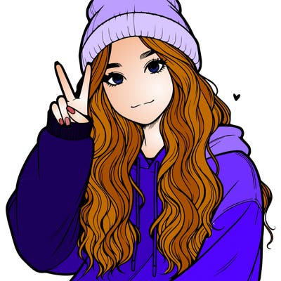 a teenage girl in a beanie, oversized sweatshirt, wavy long hair, and is showing a ✌️