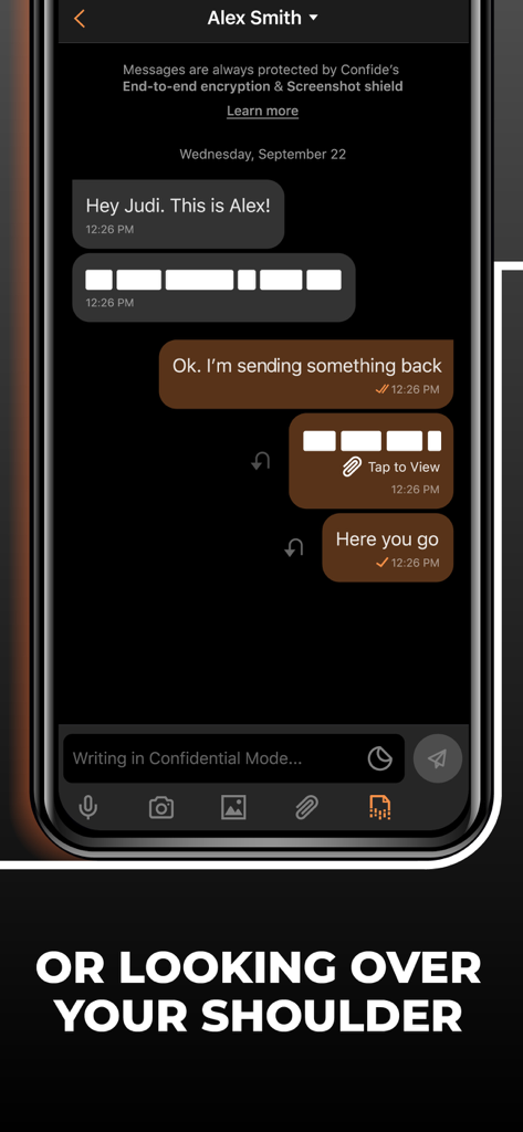 Confide - Private messenger - Confide messenger interface featuring a line by line text reader to prevent unauthorized viewing over the shoulder