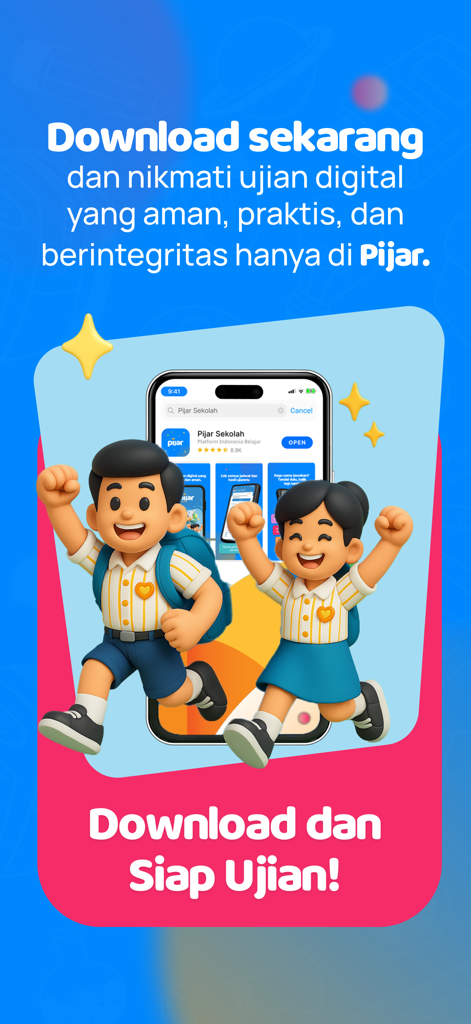 Pijar Sekolah: Siswa - Happy cartoon students in school uniforms promoting the Pijar Sekolah digital exam app on a smartphone