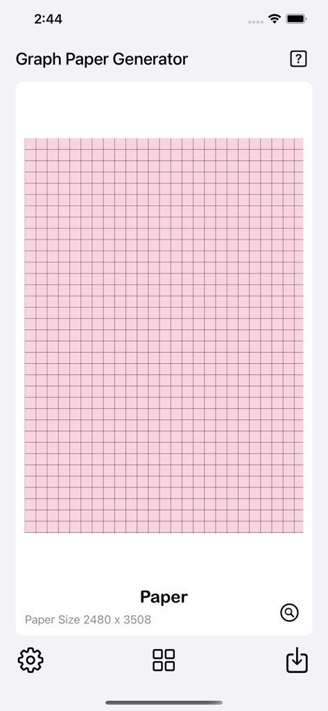 Graph Paper Gen - Interface of the Graph Paper Generator app showing a preview of a custom pink grid on a mobile device