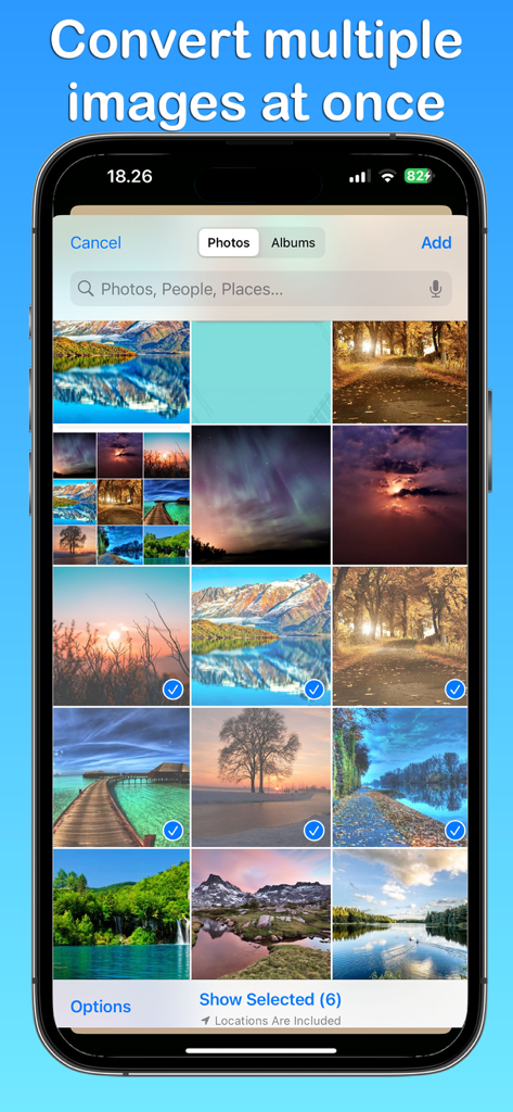 PNG to JPG Converter - Eine mobile Benutzeroberfläche zur Auswahl mehrerer Fotos, die von PNG in JPG konvertiert werden sollen.