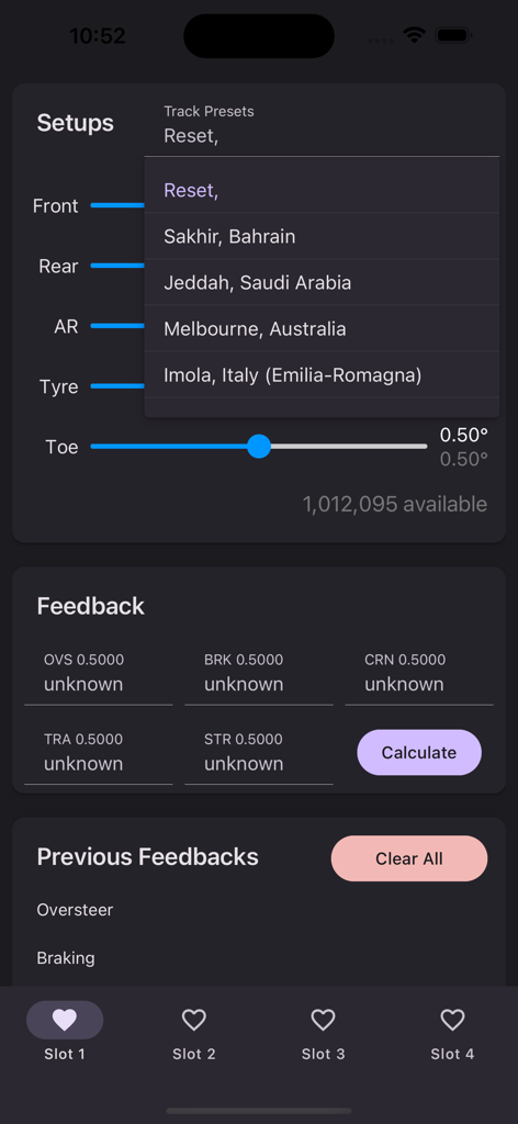 F1M Setup Calculator - F1M Setup Calculator app interface showing track presets and setup sliders