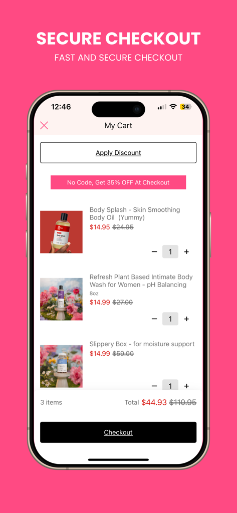 Her Fantasy Box - Secure checkout screen in the Her Fantasy Box app showing items in the shopping cart.