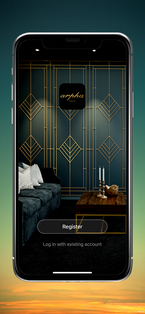 ARPHA - ARPHA smart home app registration screen with a luxury interior background