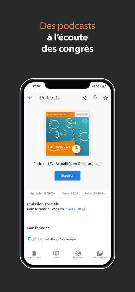 Edimark - Edimark mobile app screen displaying a medical podcast on onco-urology with a play button