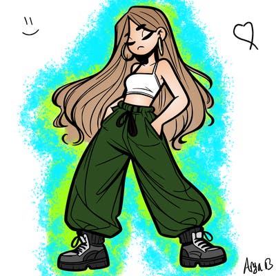 girl in baggy pants crop top and long hair