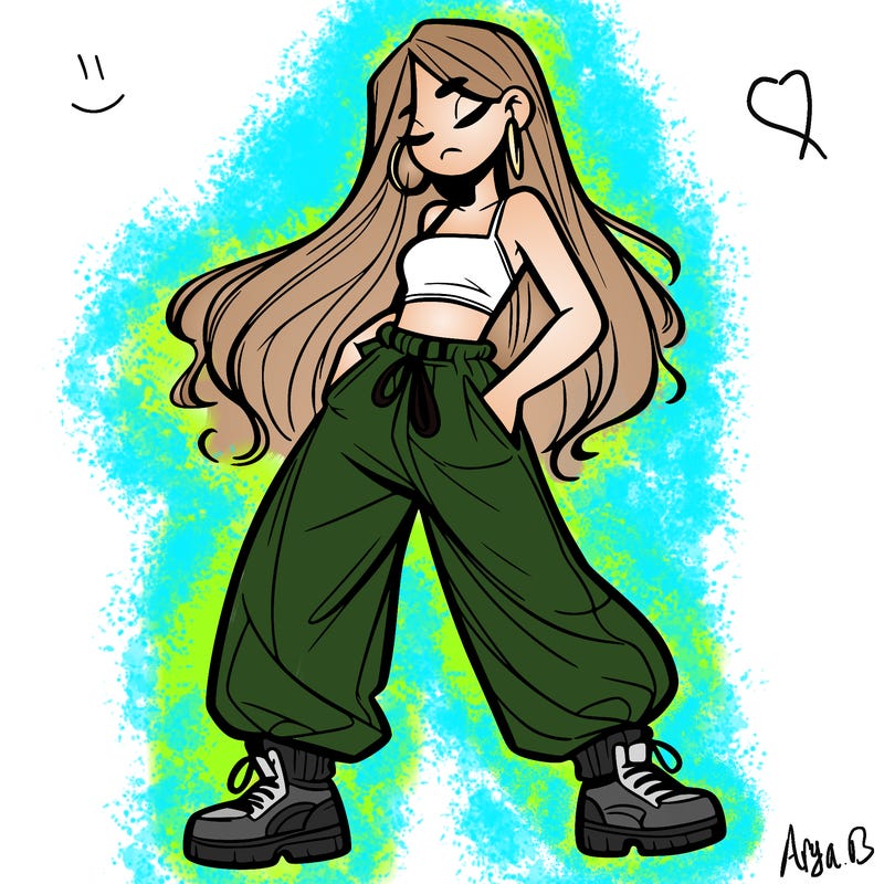 girl in baggy pants crop top and long hair