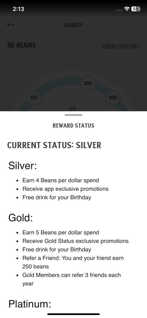 The Human Bean - The Human Bean mobile app reward status screen displaying benefits for Silver and Gold loyalty tiers.