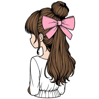 realistic girl  with hip length hair a bun and a big bow on the back of head