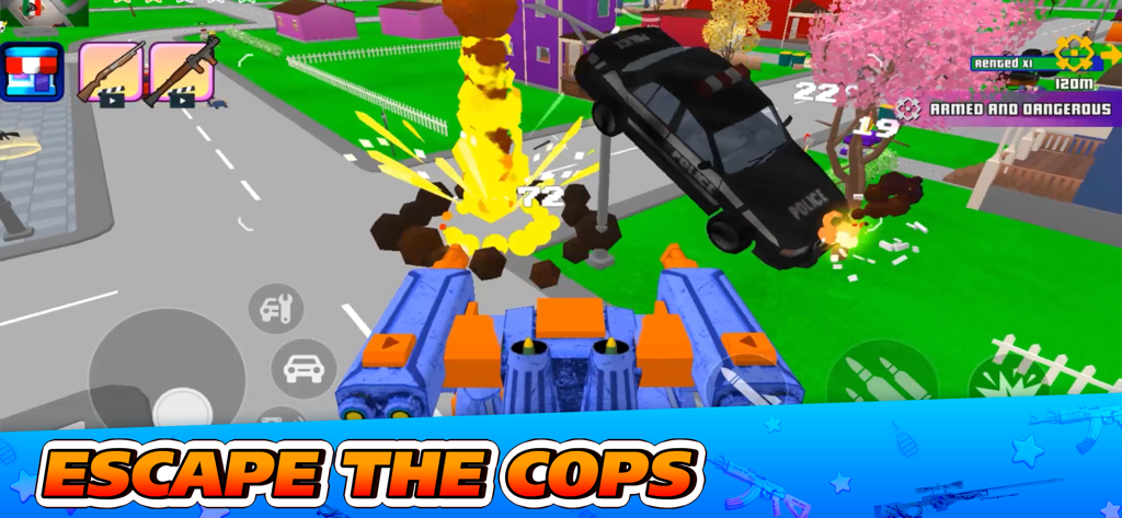 Gangs Wars City: Pixel Shooter - A pixelated first person shooter scene showing a police car being launched into the air by an explosion in a blocky city