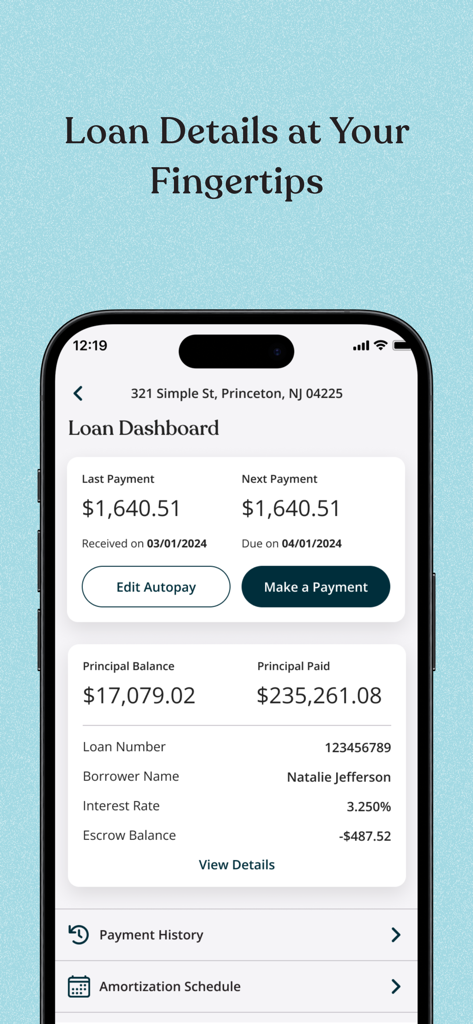 Mobile screen showing Newrez loan dashboard with mortgage details and payment buttons