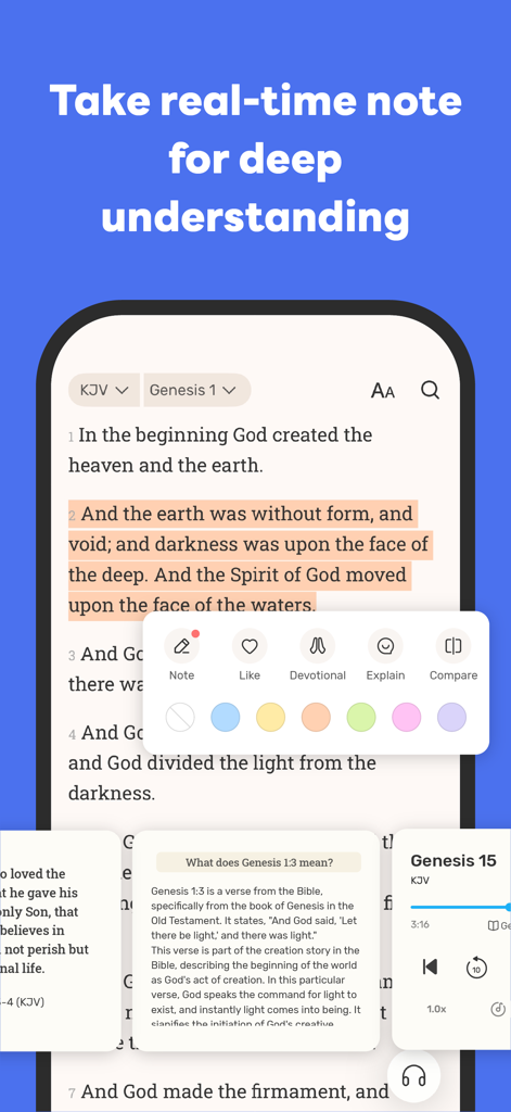 Manna: Daily Bible Study - Interfaz de la app Manna mostrando texto bíblico con resaltado de versículos y herramientas de toma de notas en tiempo real