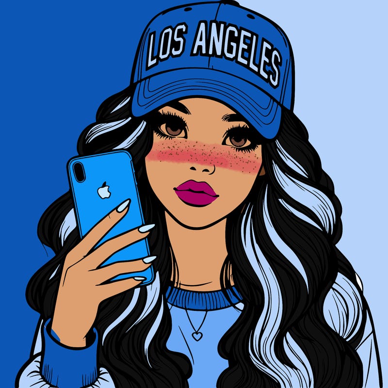 realistic beautiful girl wearing los ángeles cap holding an iphone
