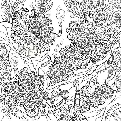 Discover the fascinating fusion of natural marine lichens and intricate steampunk mechanics in this unique coloring page. Unleash your creativity by bringing this industrial-organic landscape to life with your favorite colors.